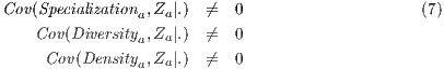 Cov(Specializationa,Za|.)  ⁄=  0                     (7)
   Cov (Diversitya,Za|.)  ⁄=  0
    Cov (Density ,Z |.)  ⁄=  0
               a  a
